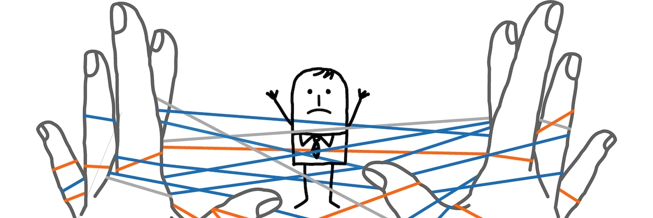 Professional Perspective: What It's Like to Have OCD A cartoon man trapped in a web of string.
