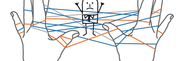 A cartoon man trapped in a web of string.