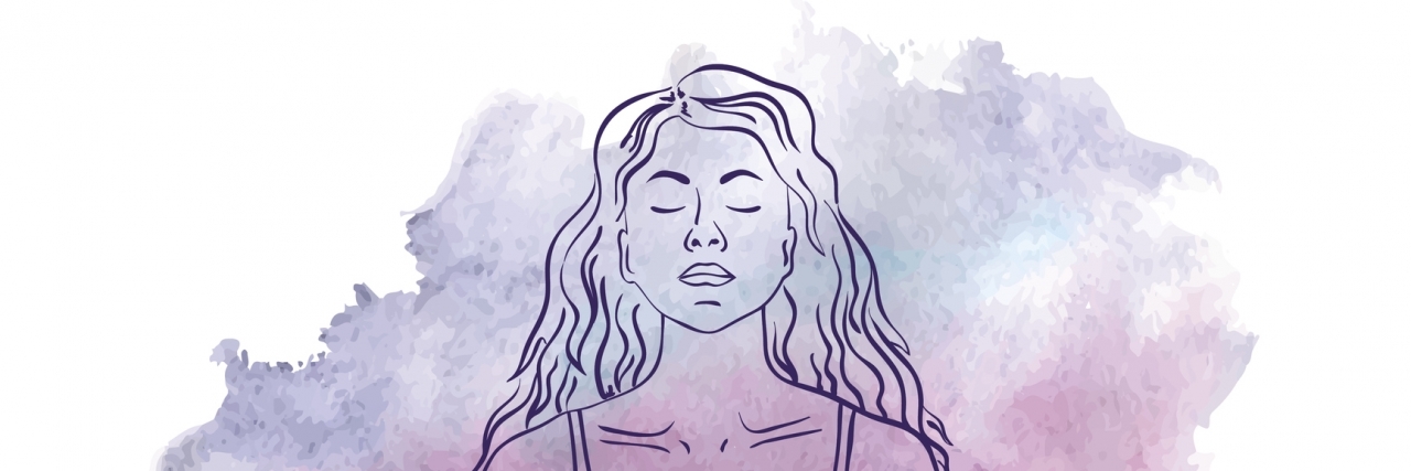 Opening Up About My Depression Made Me Stronger Vector watercolor background with woman sketch silhouette sitting in the lotus yoga pose