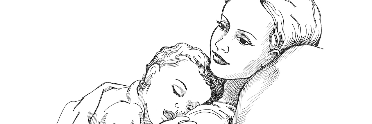 Sleeping child and mother illustration