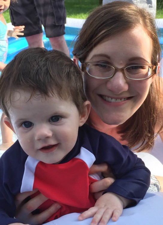 mom and young son at the pool