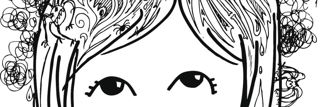 Love Letter to My Generalized Anxiety Disorder Sketchy image of woman head full of bad thoughts.