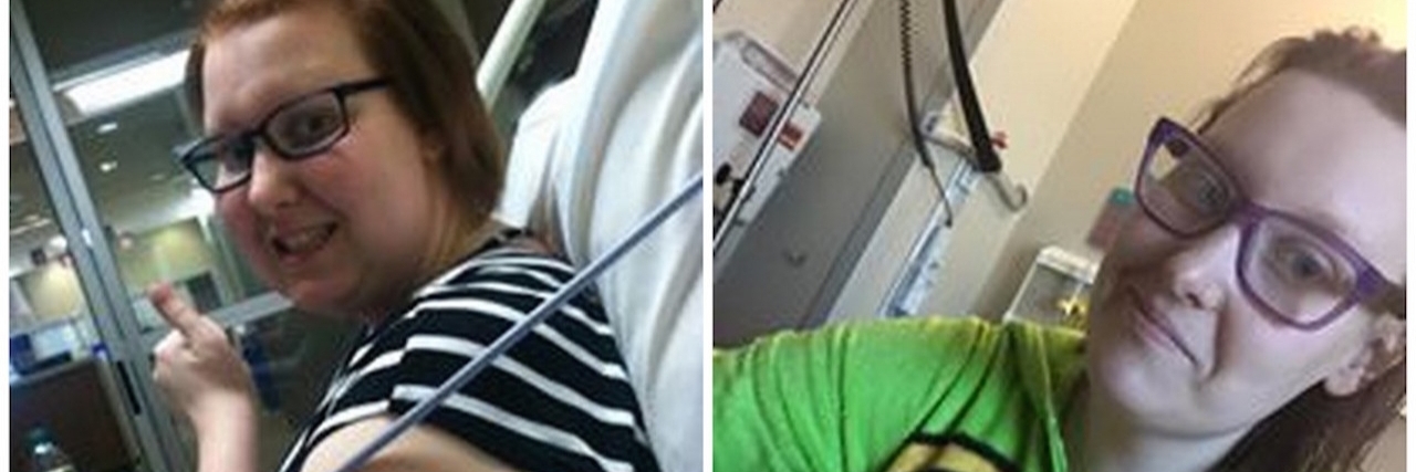 collage of two photos of woman in hospital