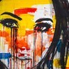 Drawing of a woman crying with a colorful background