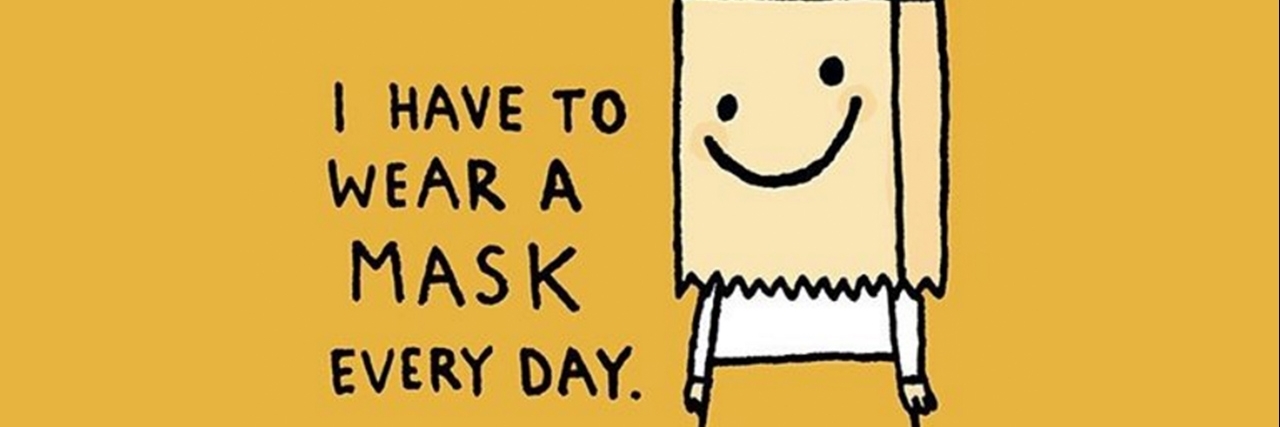 #WhatMentalIllnessFeelsLike Compilation image shows a girl wearing a paper bag on her head with a drawn smile. Text reads: I have to wear a mask every day.