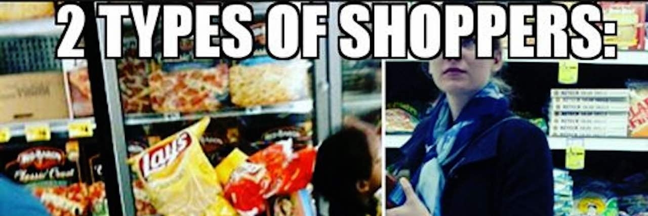 meme showing two shoppers, one with an empty cart and the word 'job' and one with a full cart and the word 'food stamps'
