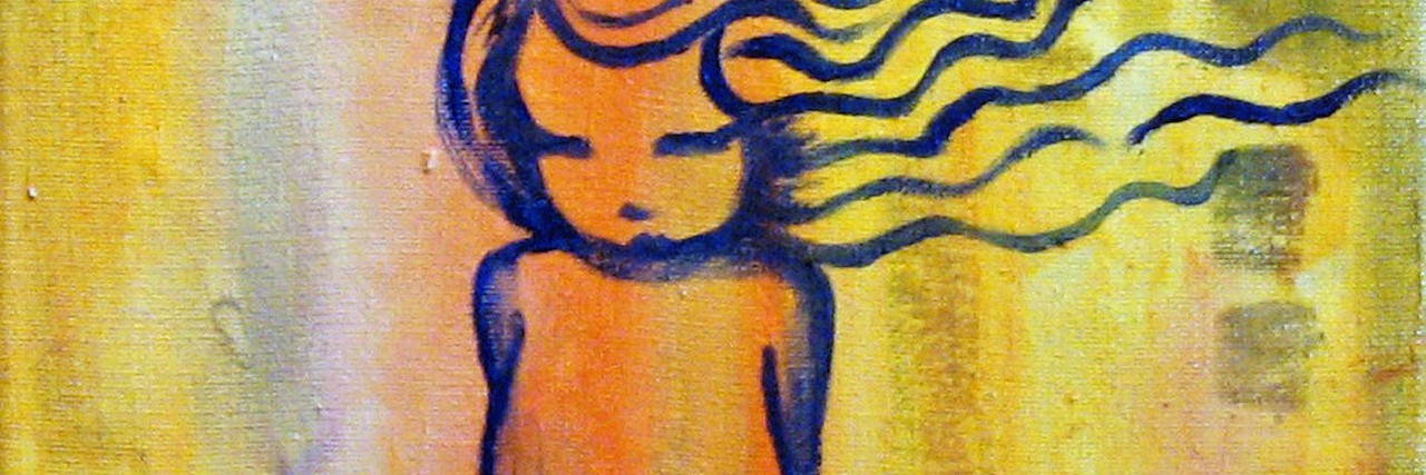 Abstract painting of a little girl on yellow background