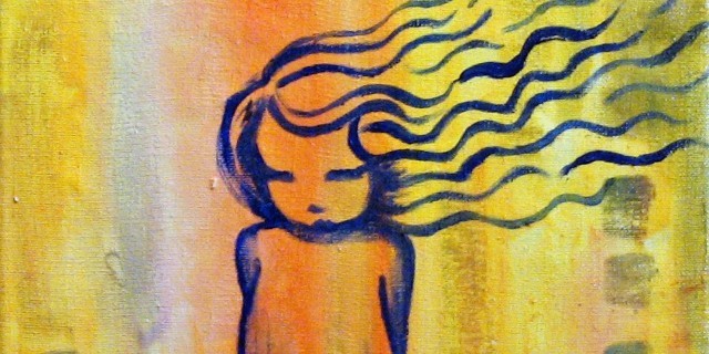 Abstract painting of a little girl on yellow background