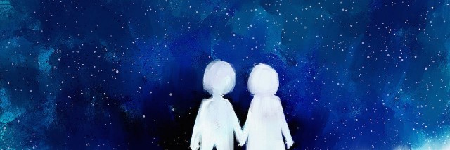 digital painting of young couple in love holding hands in night sky, acrylic sketched on canvas texture