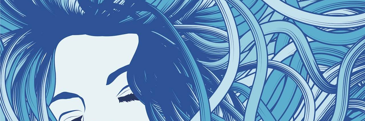 Figuring Out My Anxiety and Suicidal Thoughts Were Not Normal Woman's face entangled in long flowing blue hair.