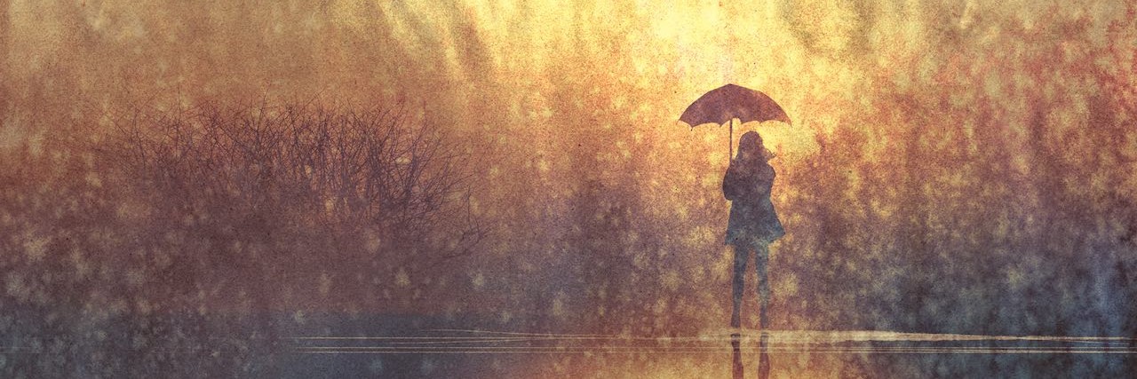 lonely woman with umbrella in lake,illustration