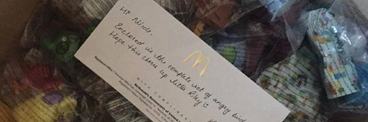 McDonald's Surprises Boy With Autism With Happy Meal Toys The box full of Angry Birds Happy Meal toys Nicole Duggan received from McDonald's.