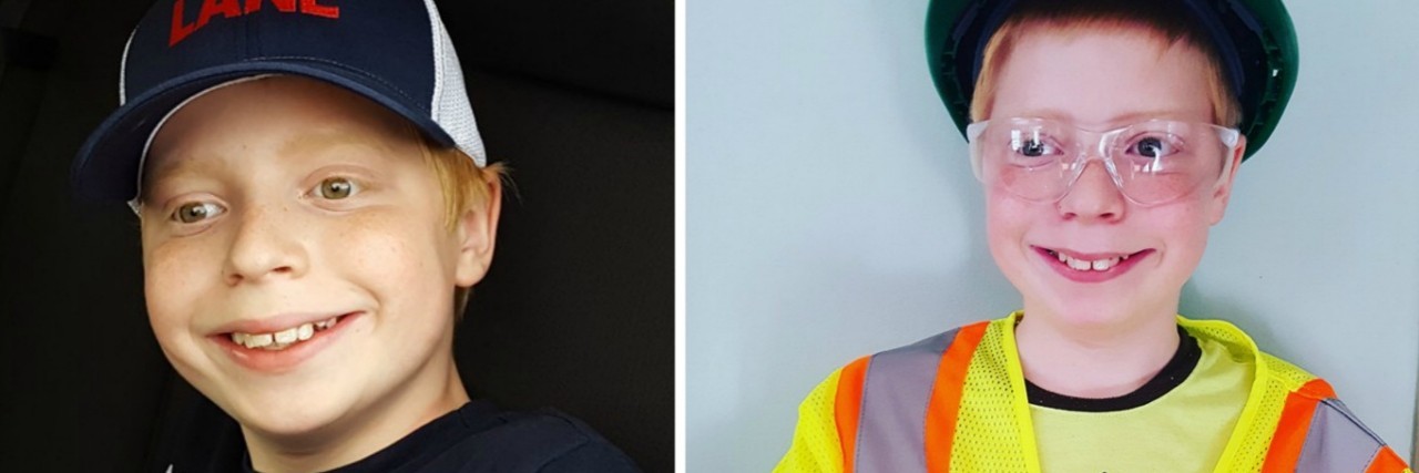 Side-by-side photos of a boy wearing a hat that says Lane and a bright yellow vest and a hard hat