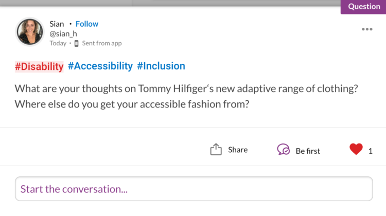 a woman asks what you think of tommy hilfiger's adaptive line and where you get your adaptive clothing. click to answer