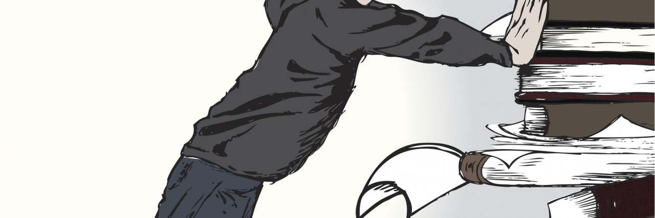 Studying Psychology in College With a Mental Illness Hand drawn illustration of young boy pushing a pile of large books and papers