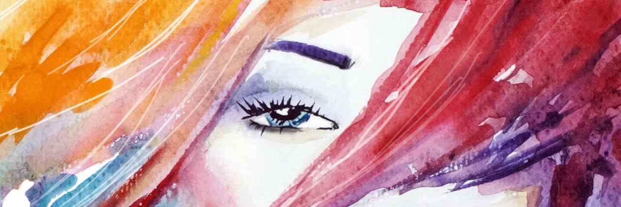 Close-up of a rainbow watercolor illustration of a woman