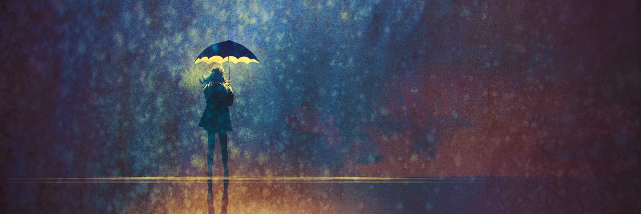 lonely woman under umbrella lights in the dark,digital painting