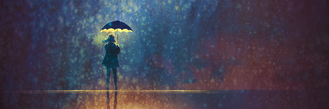 Why Anxiety Feels Like an Umbrella in a Rainstorm lonely woman under umbrella lights in the dark,digital painting