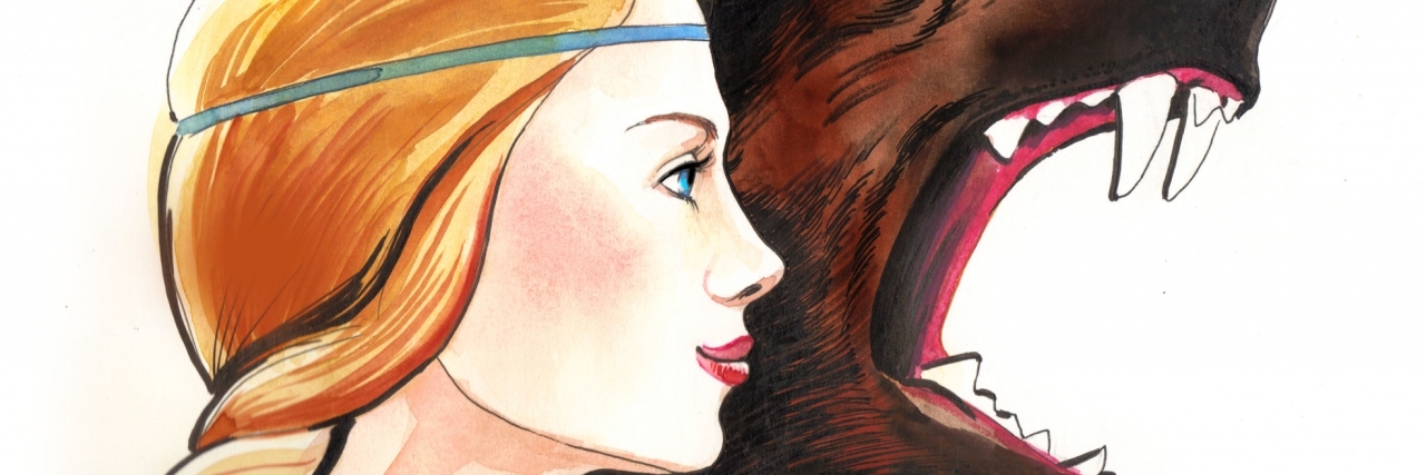 Young beautiful woman with a angry wild bear. Watercolor sketch.