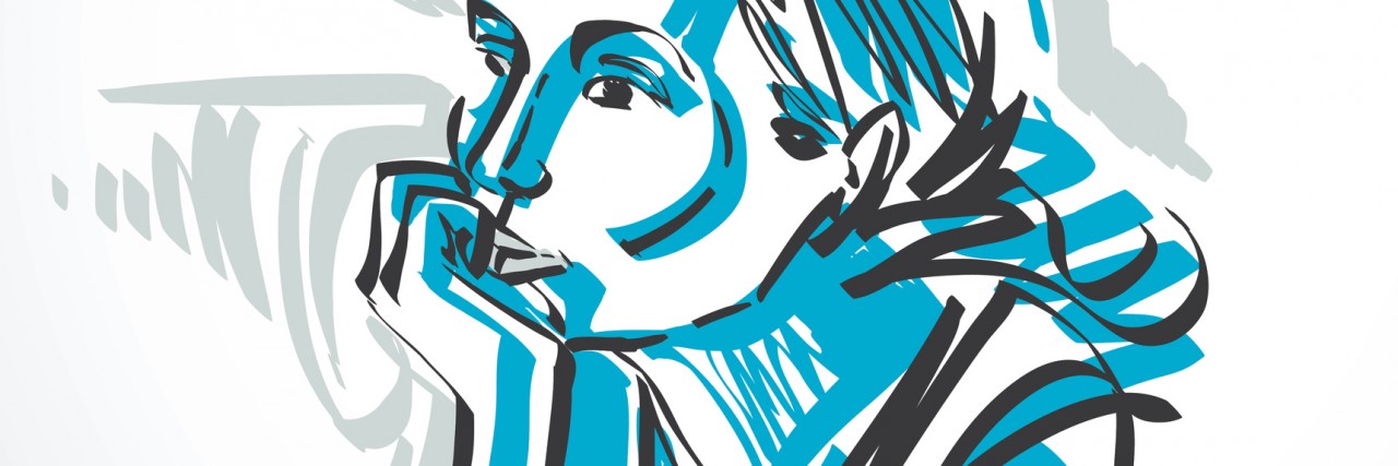 Blue illustration of woman looking away with her chin resting on her closed hand