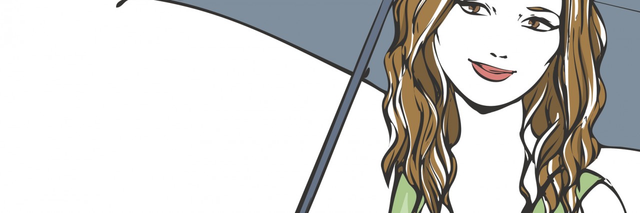 Appearing Like the 'Happiest Depressed Person' You've Ever Met woman smiling under an umbrella