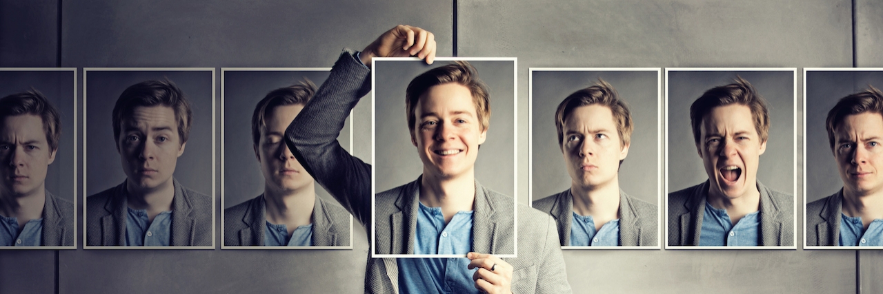 Why I Smile and Lie About My Depression Guy holding a photo in front of his face of him looking happy, surrounded by photos of him looking sad