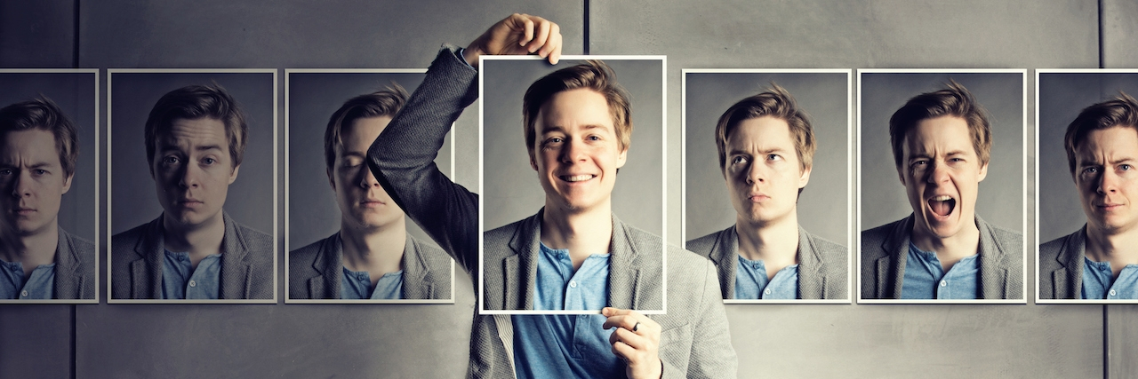 12 Mental Health Messages All Men Need to Hear Guy holding a photo in front of his face of him looking happy, surrounded by photos of him looking sad