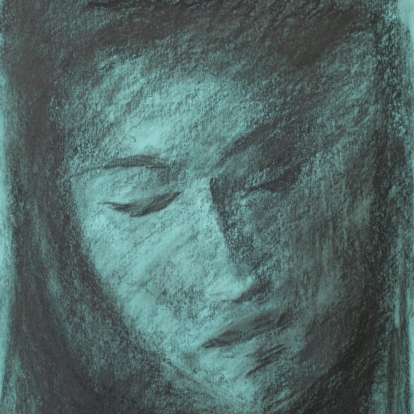 hand drawn charcoal drawing illustrating a diffuse human portrait