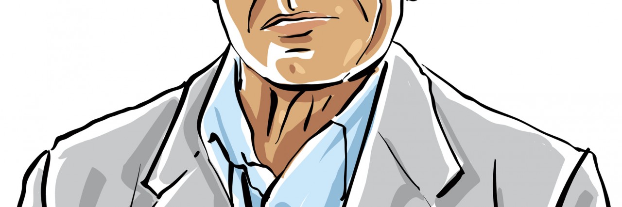 'Minus the Mental Illness, He Was a Good Guy' Hand drawn old man illustration on white background, grey-haired person.