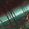 woman in red walking on swamp lake,river,trees,scenery,llustration digital painting