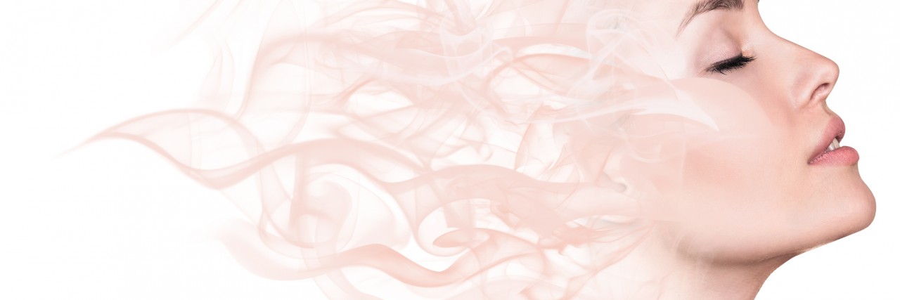 Appearing Calm and Managing Anxiety in Stressful Situations Double exposure portrait of young woman and smoke isolated on white