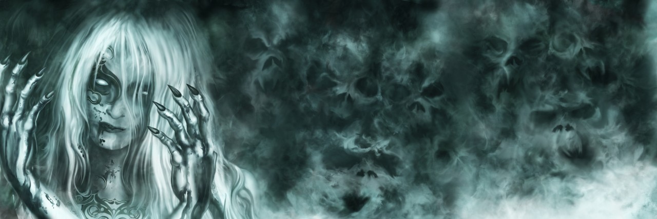 Illustration mysterious woman with painted face and bloody hands. Mist like ghost skulls on the background