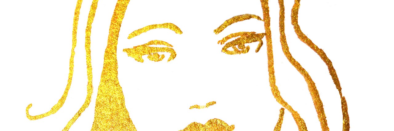 Illustration of woman using gold paints on white background
