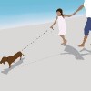 Illustration of mother and her daughter walking their dog on the beach