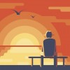 a drawing of a man looking at a sunset