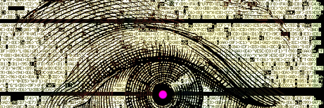 Drawing of eye with code composite over it