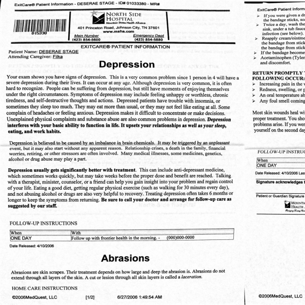 The discharge papers I received from the hospital after my attempt, June 27, 2006.