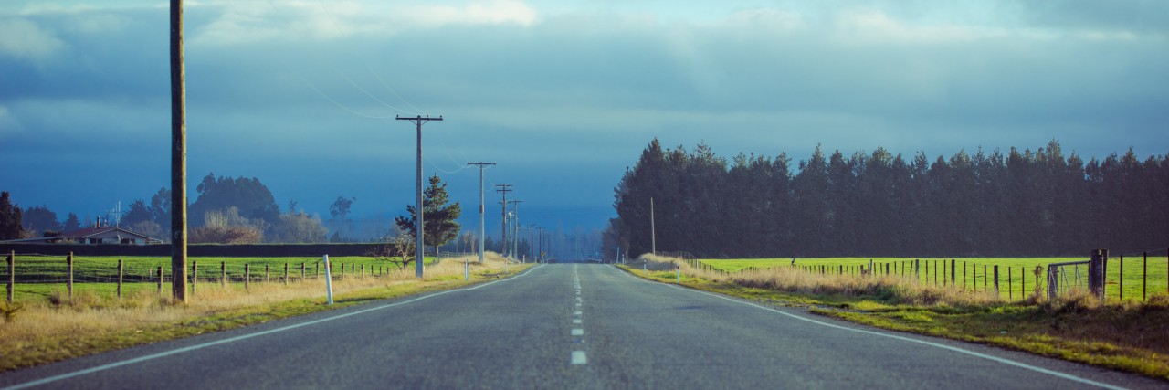 The Journey of a Suicide Loss Survivor a road with a cloudy sky in the distance, stretching through fields