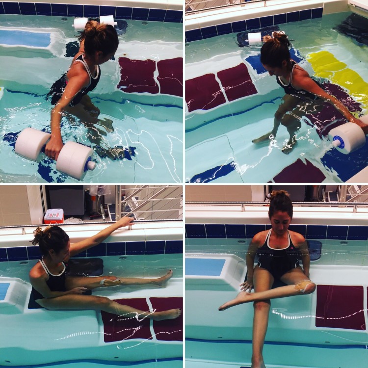 woman doing exercises for physical therapy in the pool