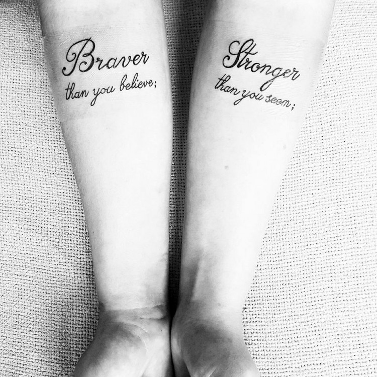 tattoo reads: braver than you think, stronger than you seem