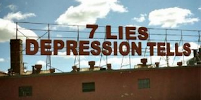 The words "7 Lies Depression Tells" on a building