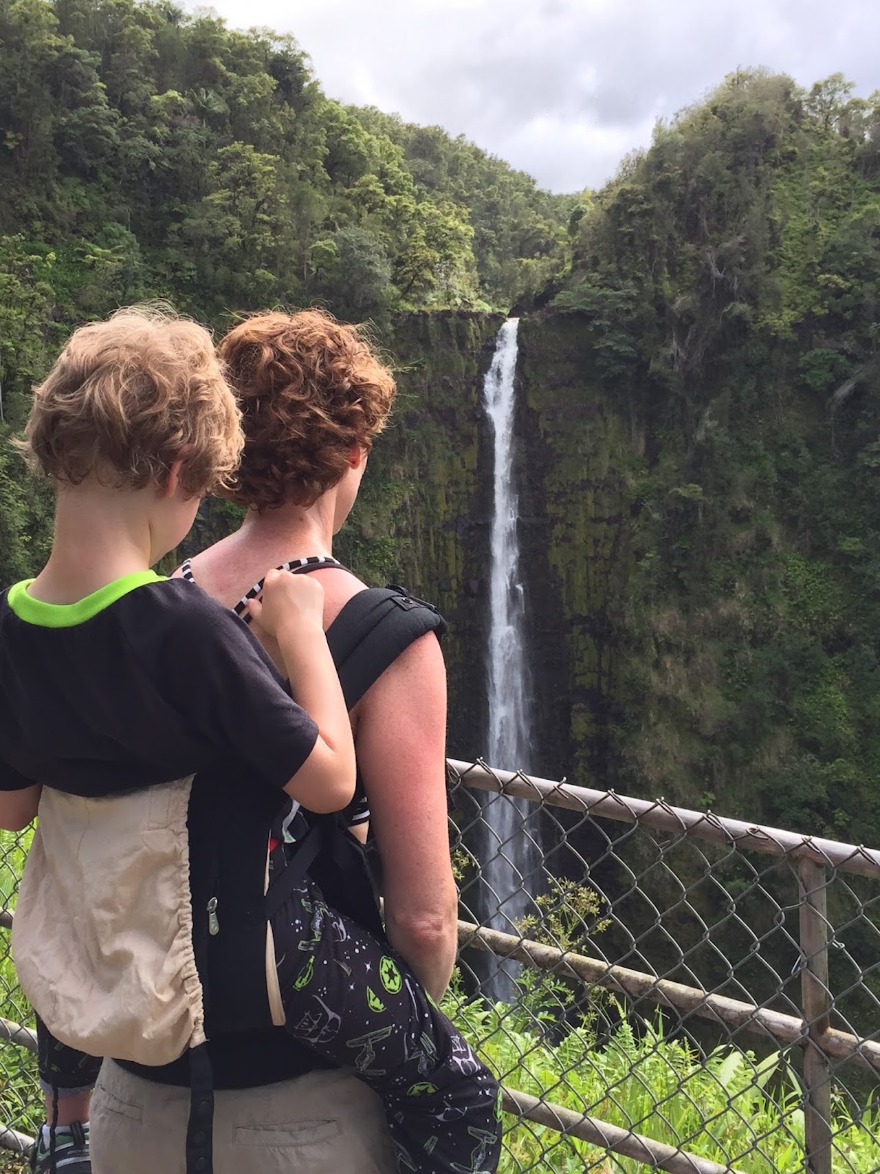 mom with son on her back looking at a waterfall