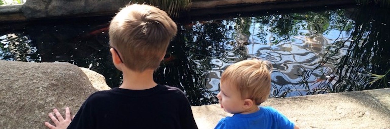 big and little brother looking at a pond