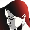 Red and black animation of woman looking down into bottom left corner of the screen