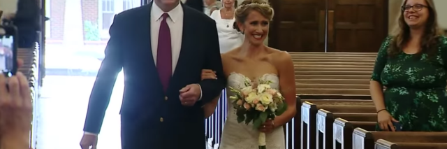 bride walking down aisle with man who got her father's donated heart