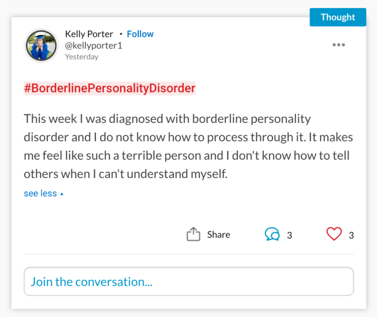 person asking for support in trying to understand her borderline personality disorder