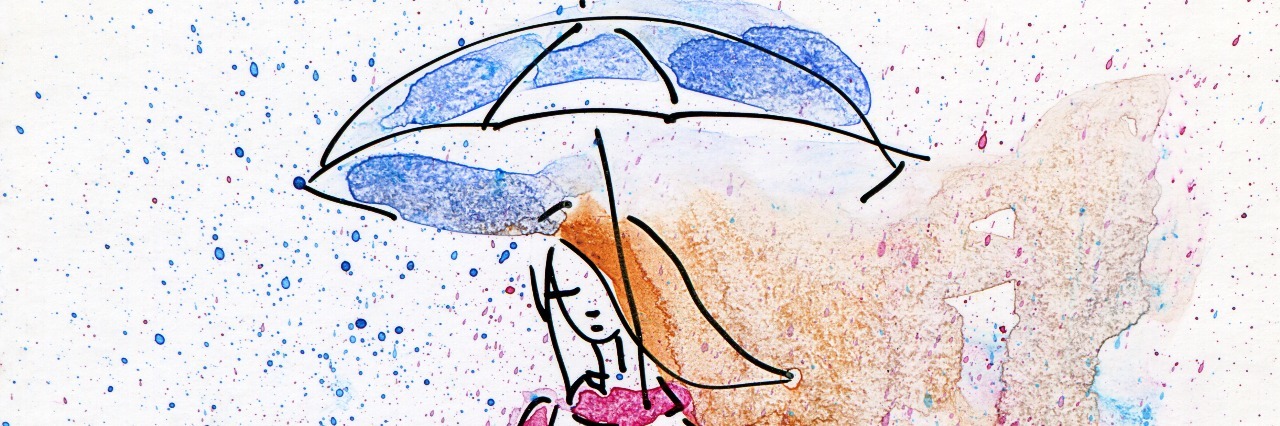 Hand Painted Illustration of a Young Fashion Girl in the Rain