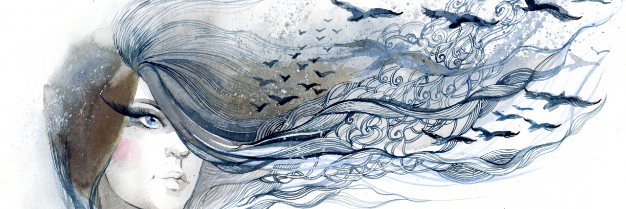Opening Up About My Post-Traumatic Stress Disorder illustration of a woman with birds flying out of her hair