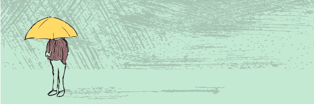 On the Days You Don't Feel OK Hand drawn illustration of figure standing in rainy weather