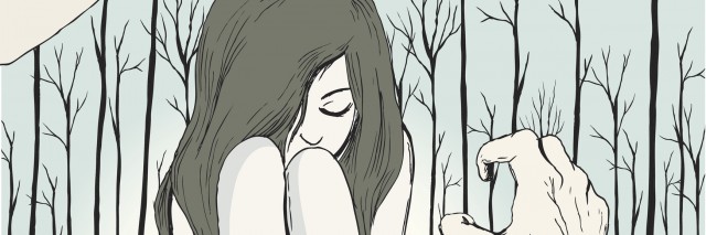 Original illustration of young girl trying to hide from aggressive hands.
